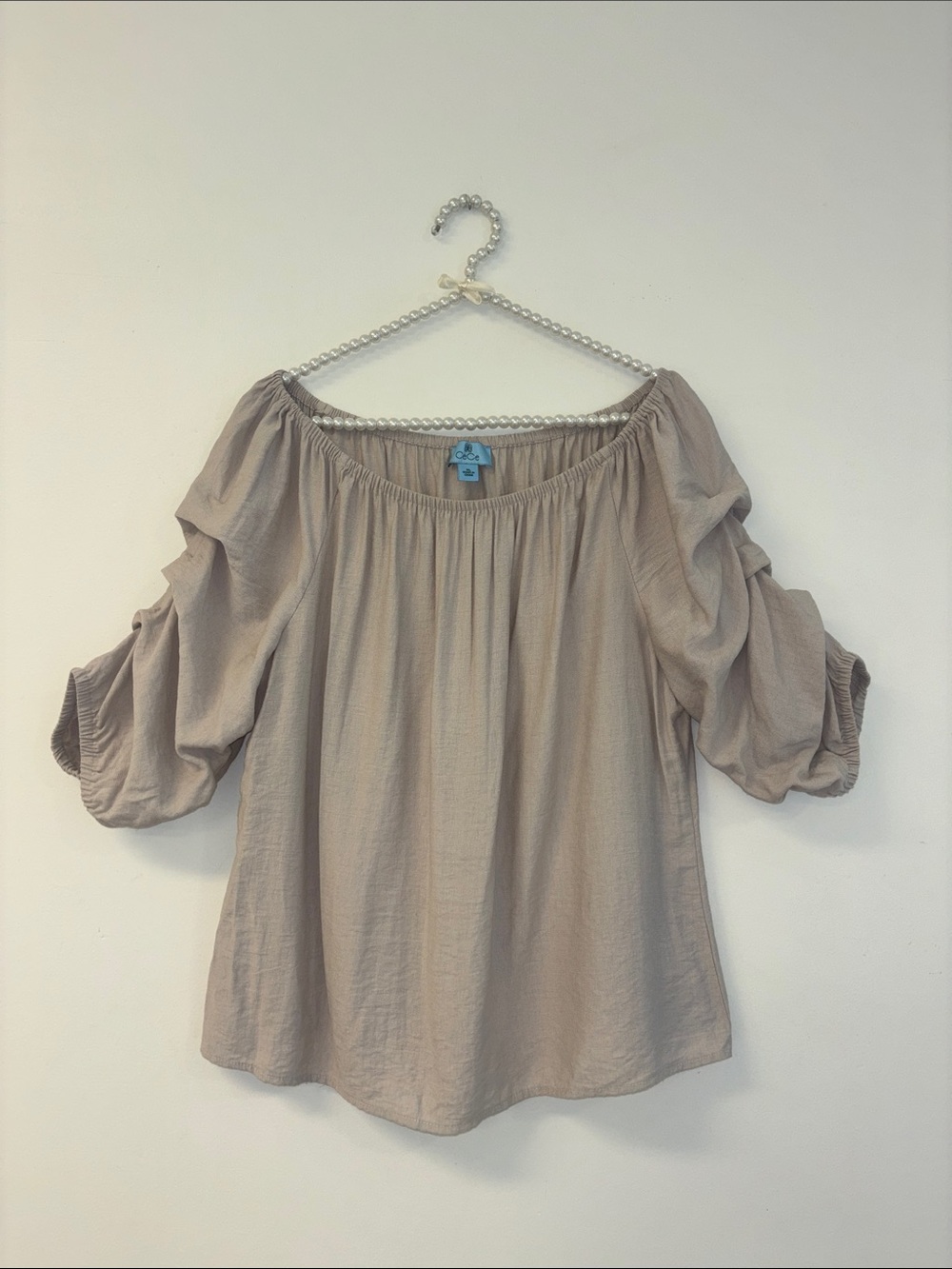 CeCe Off-Shoulder Peasant Blouse Taupe Women’s Tops rayon Sz XL cottage peasant